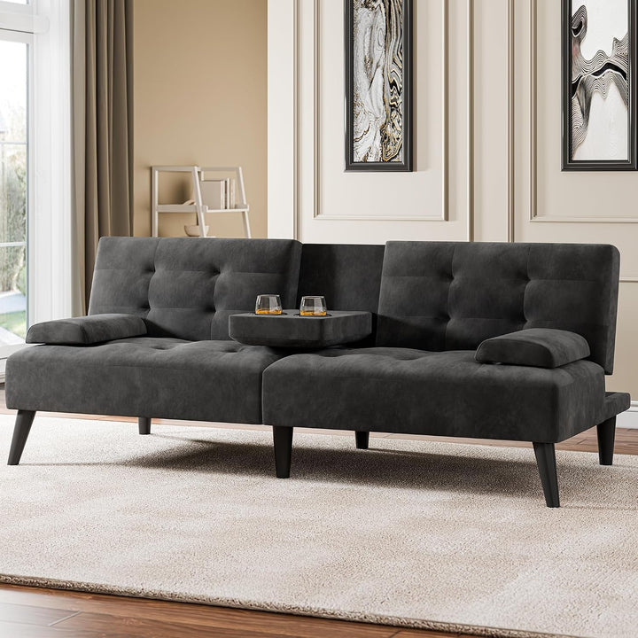 64" Futon Sofa Bed, Loveseat, 2 Cup Holders, Black