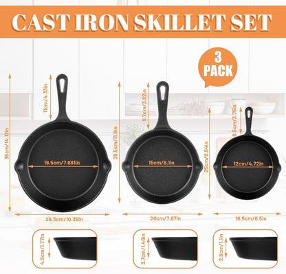 3 PCS Pre-Seasoned Cast Iron Skillet Set, 6", 8", 10" Cast Iron Frying Pan with Silicone Heat-Resistant Handles, Field Skillet Cast Iron Pans for Cooking, Frying, Saute, Cooking, Pizza - Black2
