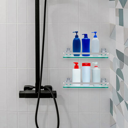 2-Pack Tempered Glass Bathroom Shelf with Rail, 15" X 4.5" Rectangular Shower Caddy, Wall Mounted Floating Shampoo Holder for Lavatory, Kitchen, Living Room2
