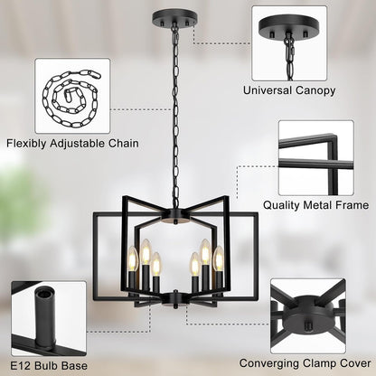 Black Farmhouse Chandelier, 6 Light Geometric Dining Room Light Fixture, Modern Industrial Metal Ceiling Light Rustic Hanging Pendant Lights with E12 Base for Kitchen Island Entryway Foyer, Indoor5