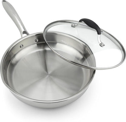 10 Inch 18/10 Stainless Steel Frying Pan with Lid | 18/10 Stainless Steel, 5-Layer Capsule Base, Tempered Glass Lid, Drip-Free Pour Spouts, Induction Compatible, Dishwasher Safe1