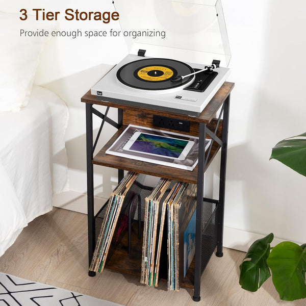 Record Player Stand with Charging Station, Vinyl Record Storage | Turntable Stand with Type-C, Vinyl Record Player Table Holds 100 Albums, 3 Tier End Table Living Room, Rustic Brown7