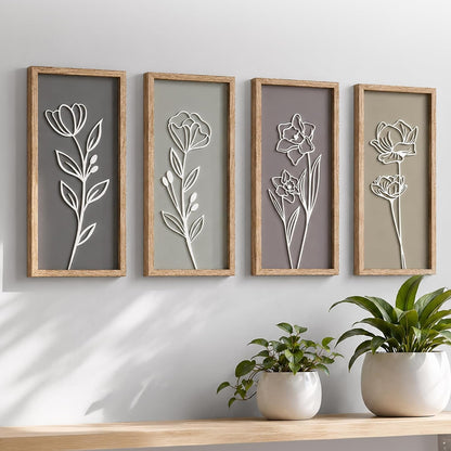 3D Framed Wall Art, Set of 4, Floral Boho Wall Decor | 7" X 16", Lightweight, Wooden, Ready-To-Hang Wall Decor for Living Room, Bathroom, Bedroom or Office, Botanical Farmhouse1