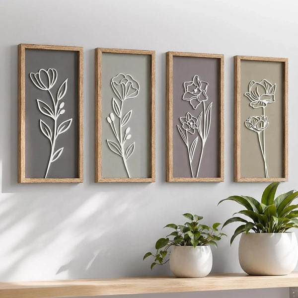 3D Framed Wall Art, Set of 4, Floral Boho Wall Decor | 7" X 16", Lightweight, Wooden, Ready-To-Hang Wall Decor for Living Room, Bathroom, Bedroom or Office, Botanical Farmhouse1