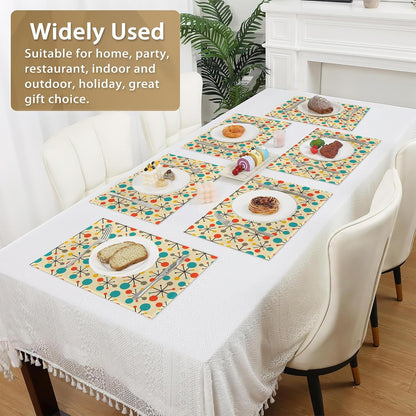 Mid Century Fifties Modern Atomic Retro Placemats Set of 6,12X18 Inch Table Mats for Kitchen Table Washable Farmhouse Linen Table Mats Dining Decoration6