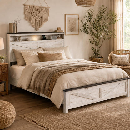 Full Size Bed Frame with LED Lights, USB Charging Station, Storage Headboard, Metal Platform, No Box Spring1