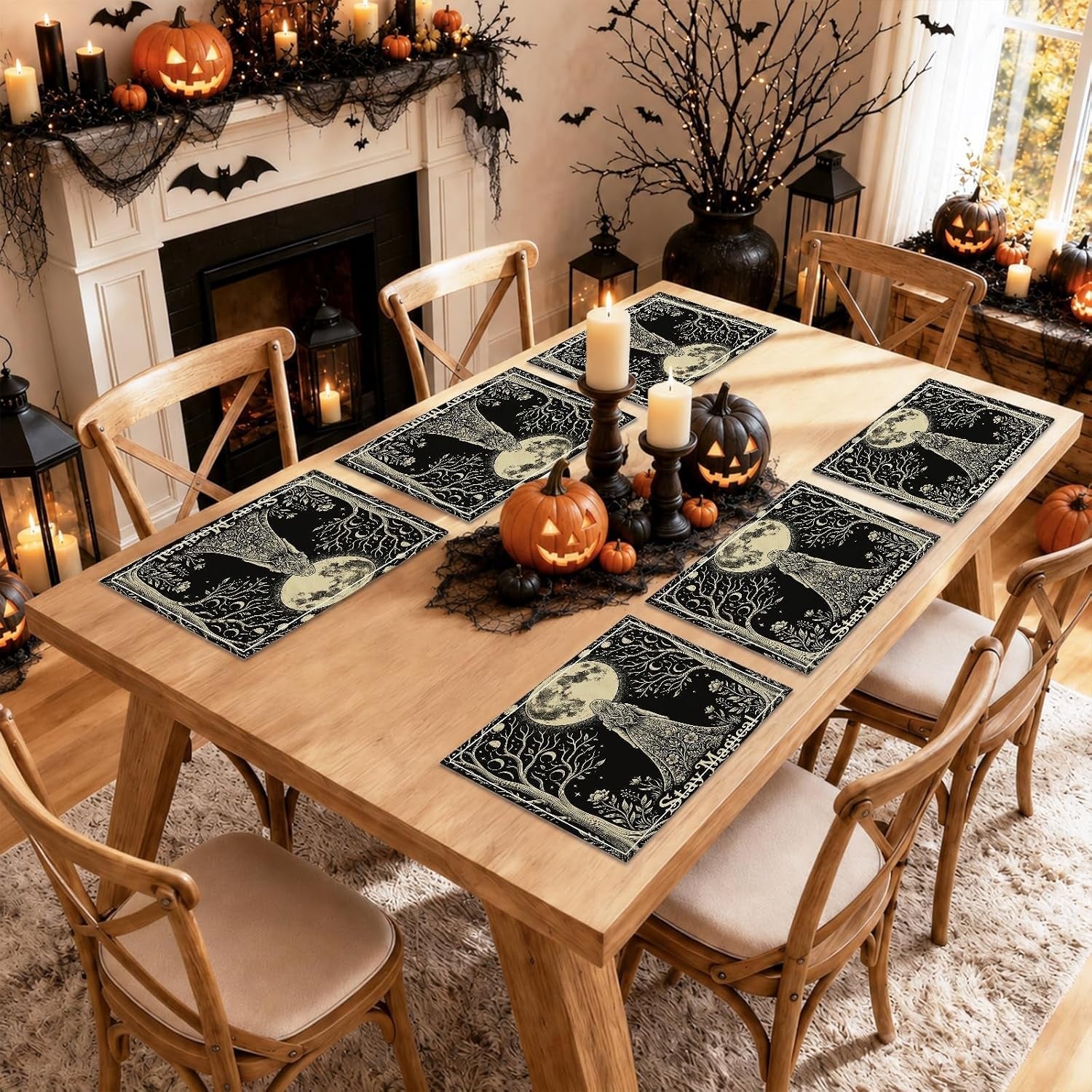 moon-placemats-set-of-6-fanciful-fantasy-trees-flowers-mystical-black-washable-non-slip-linen-placemats-decor-for-kitchen-indoor-outdoor-dinner-bbq-party-18x12-inch