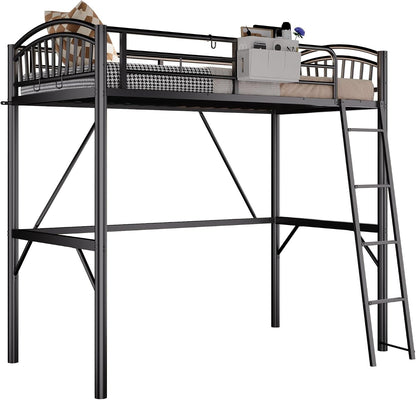 Metal Loft Bed Twin Size, Heavy Duty Loft Bed with Bedside Caddy, EVA Anti-Slip Ladder with Sturdy Guardrails, Space-Saving Twin Size Loft Bed for Teens & Adults for Bedroom Dorm (Black)7