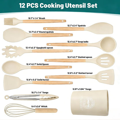 Silicone Cooking Utensil Set,12 PCS Cooking Kitchen Utensils Set, Nonstick Kitchen Utensils 446°F Heat-Resistant Cookware Kitchen Tools of Spoon,Brush,Whisk,Spatula,Turner Tongs (Khaki)2