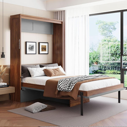 Full Size Murphy Bed Wall Beds with Foldable Desk and Hardware Chain,Cabinets Bed W/Metal Leg & Slat Support,Space Saving Bedroom Furniture for Small Space Apartment,Walnut & Gray3
