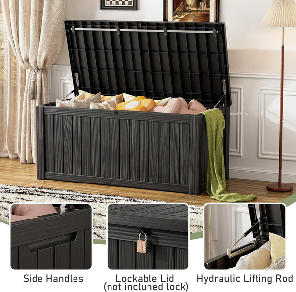 Outdoor Storage Box, 150 Gallon Large Outdoor Resin Deck Box, Storage Waterproof Boxes Lockable Lid for Garden Tools, Pool Supplies, Patio Furniture and Cushions, Black5