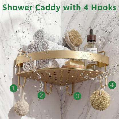 Corner Shower Caddy, 2 Pack Adhesive Gold Shower Organizers, Rustproof Stainless Steel Shower Shelves with 4 Hooks, No Drilling Shelves for Bathroom Storage & Home Decor8
