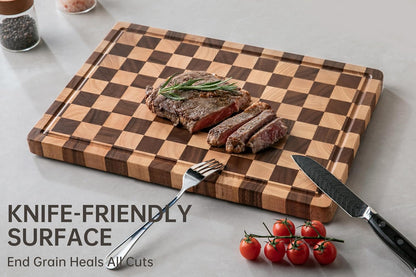 Cutting Boards for Kitchen, Checkered Cutting Board Upgraded, Acacia Wood Chopping Board with Juice Grooves & Handles, Large Butcher Block Serving Tray with Gift Box, 17"X12"X0.8"3