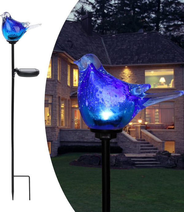 Outdoor Solar Garden Lights, Hand Blown Glass Blue Bird Yard Stake1