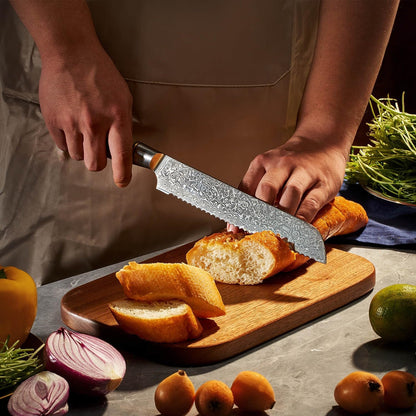 SENKEN 7-Piece Damascus Kitchen Knife Set - Dynasty Collection - 67-Layer Japanese VG10 Steel with Sycamore Wood Handles, Chef'S Knife, Cleaver, Bread, Santoku, Boning, & More4