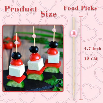 200 PCS Pink Cocktail Toothpicks for Appetizers, Coctail Skewers Sticks | Natural Bamboo Pearl Decorative Cocktail Tooth Picks for Drinks, Fruit, Charcuterie, Wedding Food Party Fancy 4.7 Inch Long8
