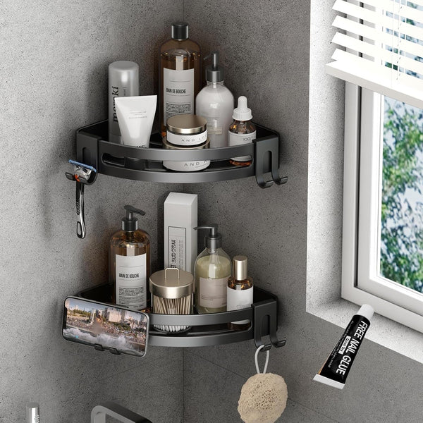 Corner Shower Caddy with Razor Holder Adhesive Shower Shelf Corner No Drilling Bathroom Corner Shower Organizer Storage Rack (2-Pack, Black)1