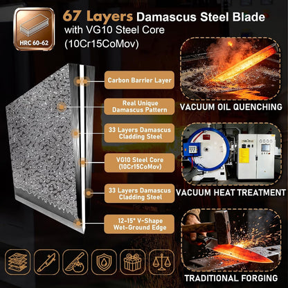 Japanese Chef Knife, 8" 67 Layers Damascus Knife with VG10 Core, Professional Hand Forged Kitchen Knife with Noble Resin Handle, Non-Stick and Razor Sharp Chef'S Knives with Gift Box for Kitchen Use5