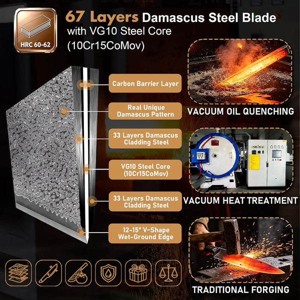 Japanese Chef Knife, 8" 67 Layers Damascus Knife with VG10 Core, Professional Hand Forged Kitchen Knife with Noble Resin Handle, Non-Stick and Razor Sharp Chef'S Knives with Gift Box for Kitchen Use5