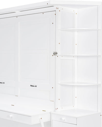 Queen Murphy Bed with Storage Shelves, Desk, and LED Lights,Wood Hidden Folding Farmhouse Murphy Wall Bed with Storage Cabinets Bookcase Drawers & Shelves for Adults, Space-Saving (Queen,White)7
