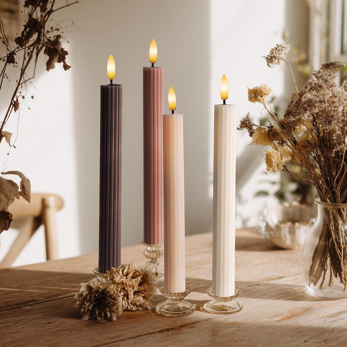 mocha-brown-coordinated-chocolatey-4-pack-10-real-wax-led-flameless-fluted-ribbed-grooved-taper-candles-remote-timer-memory-on-off-button-dimmable-battery-operated-menorah-wedding