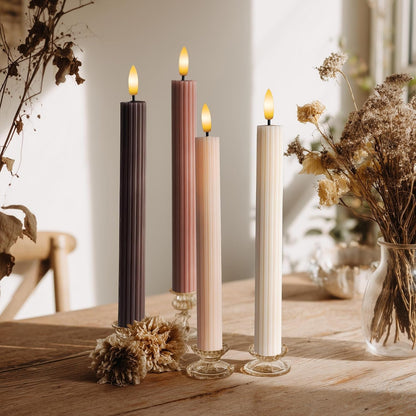 Mocha Brown Coordinated Chocolatey 4 Pack, 10" Real Wax LED Flameless Fluted Ribbed Grooved Taper Candles, Remote & Timer Memory, On/Off Button, Dimmable, Battery Operated, Menorah Wedding7