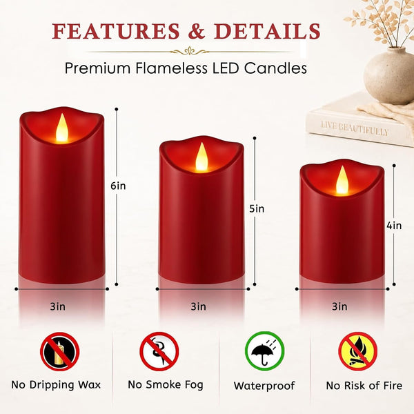 Flameless Candles Led Candles Pack of 9 Outdoor Indoor Battery Candles with Remote Timer for Home Decor Wedding Festival Decor (Burgundy - 3" D X 9 Pack)4