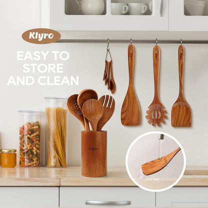 Wooden Spoons for Cooking, Nonstick Kitchen Utensils Set with 4 Piece Measuring Spoons, Comfort Grip Wooden Spatula Set, 9 Piece Teak Wooden Cooking Utensils with Holder and Spoon Rest5