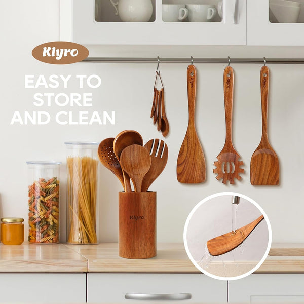 Wooden Spoons for Cooking, Nonstick Kitchen Utensils Set with 4 Piece Measuring Spoons, Comfort Grip Wooden Spatula Set, 9 Piece Teak Wooden Cooking Utensils with Holder and Spoon Rest5