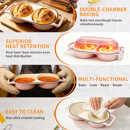 Double Enameled Cast Iron Dutch Oven for Sourdough Bread Baking – 2-In-1 Bread Baker with Lid, Dual Mini Loaf Pan, 500°F Oven Safe, Even Heating for Artisan Bread, Nonstick Enamel4