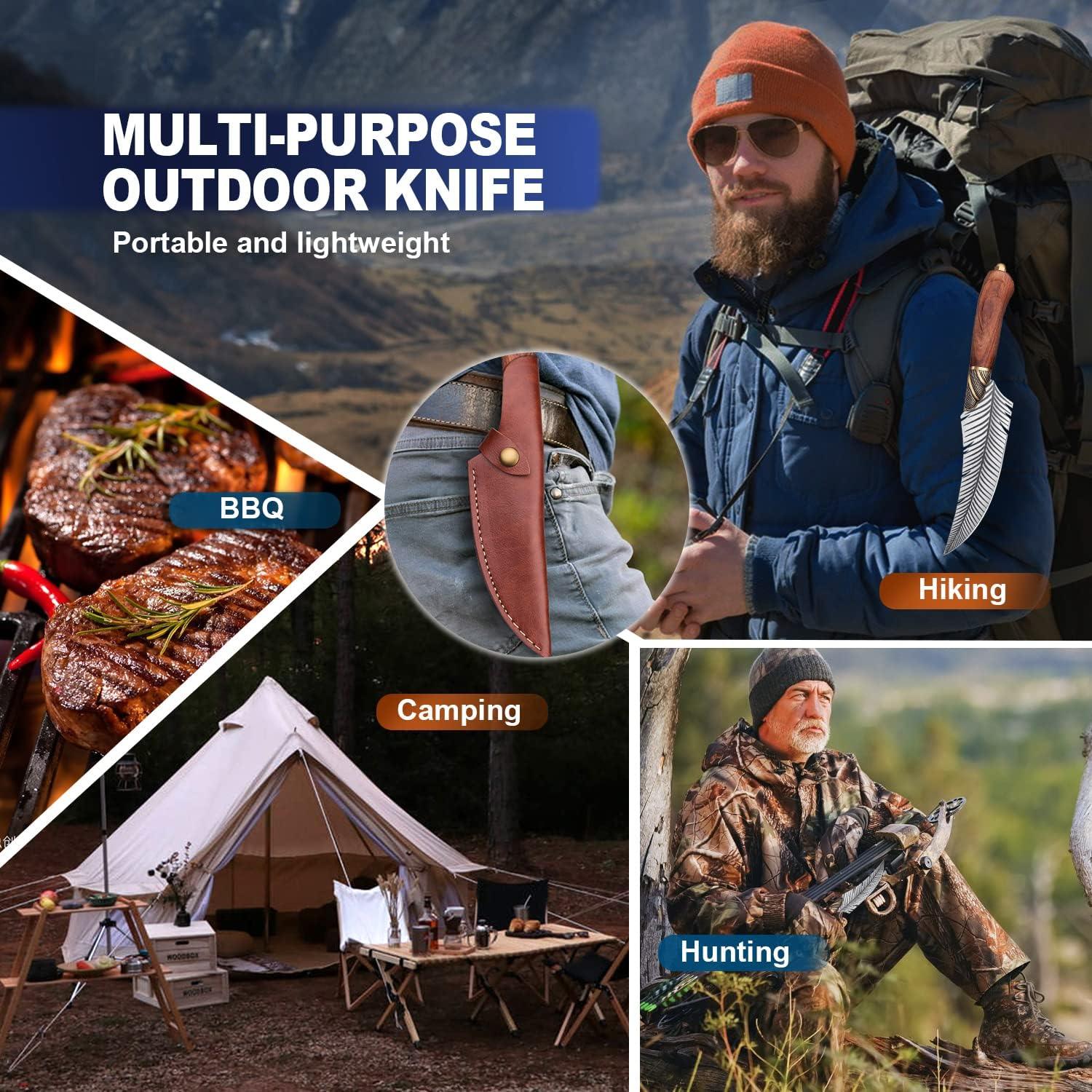 Multi-purpose outdoor knife with feather design, shown in camping, hiking, BBQ, and hunting settings