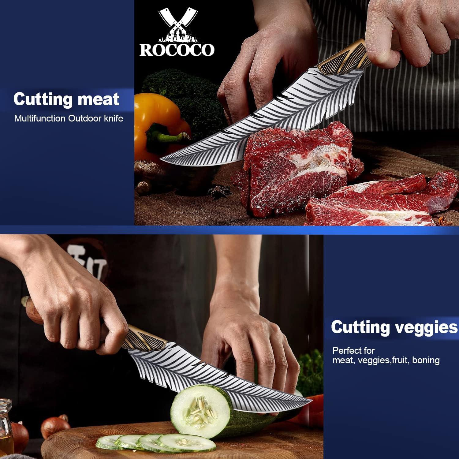 Feather pattern boning knife cutting raw meat and cucumber on wooden boards