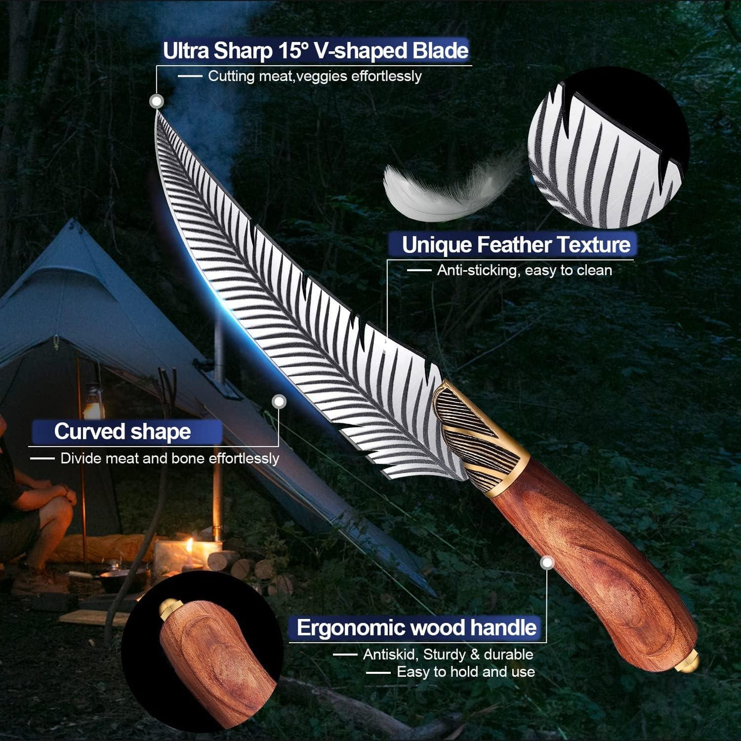 Feather Viking boning knife with ultra-sharp 15° V-shaped blade, curved design, feather texture, and ergonomic wood handle in outdoor camping setting