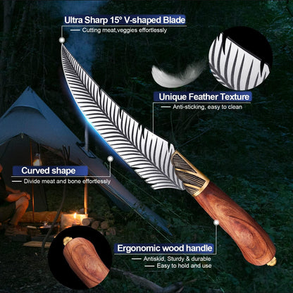 Feather Viking boning knife with ultra-sharp 15° V-shaped blade, curved design, feather texture, and ergonomic wood handle in outdoor camping setting
