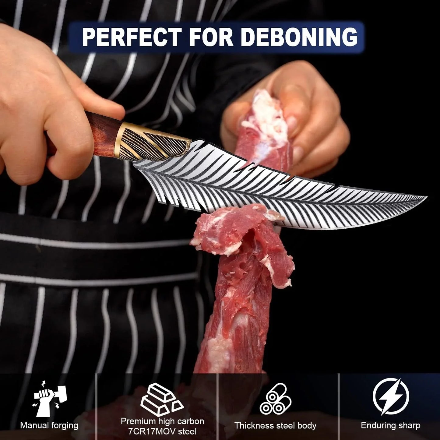 Chef using a handmade Viking-style boning knife with feather blade design to debone meat