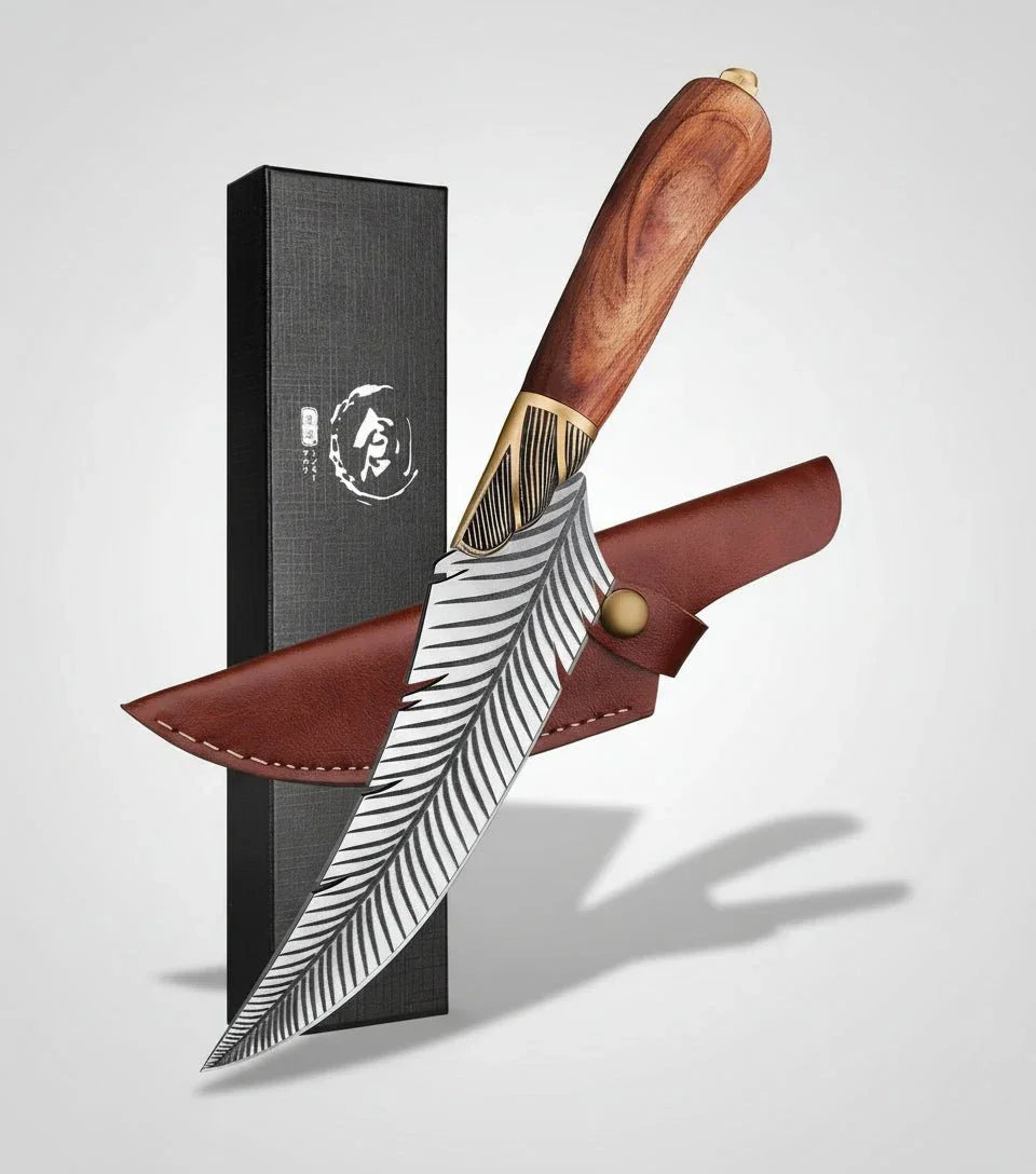 Handmade Viking boning knife with feather-patterned high carbon steel blade and wooden handle, with leather sheath and black box