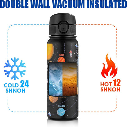 20 Oz Insulated Stainless Steel Water Bottle for Kids, with Straws Leak-Proof, Kids Water Bottles for School Boys Girls,Solar System5