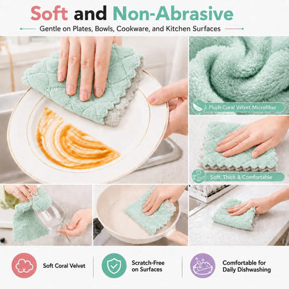 12 Pack Dish Cloths for Washing Dishes | Super Absorbent Microfiber Kitchen Dish Rags, Fast Drying Coral Velvet Dish Cloths for Kitchen Counter and Dishes, Green-Grey6