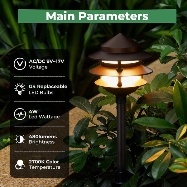 Pagoda Low Voltage Landscape Pathway Lights, 12V Outdoor LED Path Lights Wired, Aluminum Walkway Lighting with 4W 2700K Replaceable G4 Bulb, Bronze Classic 3-Tier Lantern, 6 Pack2