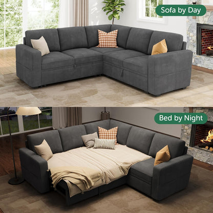 Modular Sectional Sleeper Sofa with Pull Out Bed, Corduroy L Shaped Couch with Storage Seats, Convertible Sectional Couches for Living Room, Dark Grey5