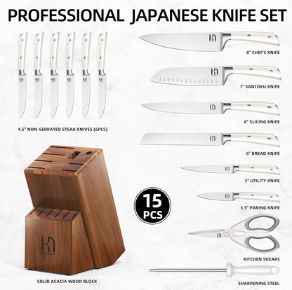 15 Pcs Japanese Knife Set with Sharpener, Premuim, Razor Sharp | Innovative Steel, High Carbon Stainless, Enduring Sharpness, Ergonomic Handle, Quality Acacia Wood Block, Full-Tang, Gift Box5