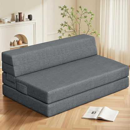 Folding Sofa Bed Queen, 6 Inches Foam Floor Sofa and Folding Mattress with Washable Cover, Fold Out Couch for Guests, Camping and Travel, Dark Gray, 80" X 60" X 6"1