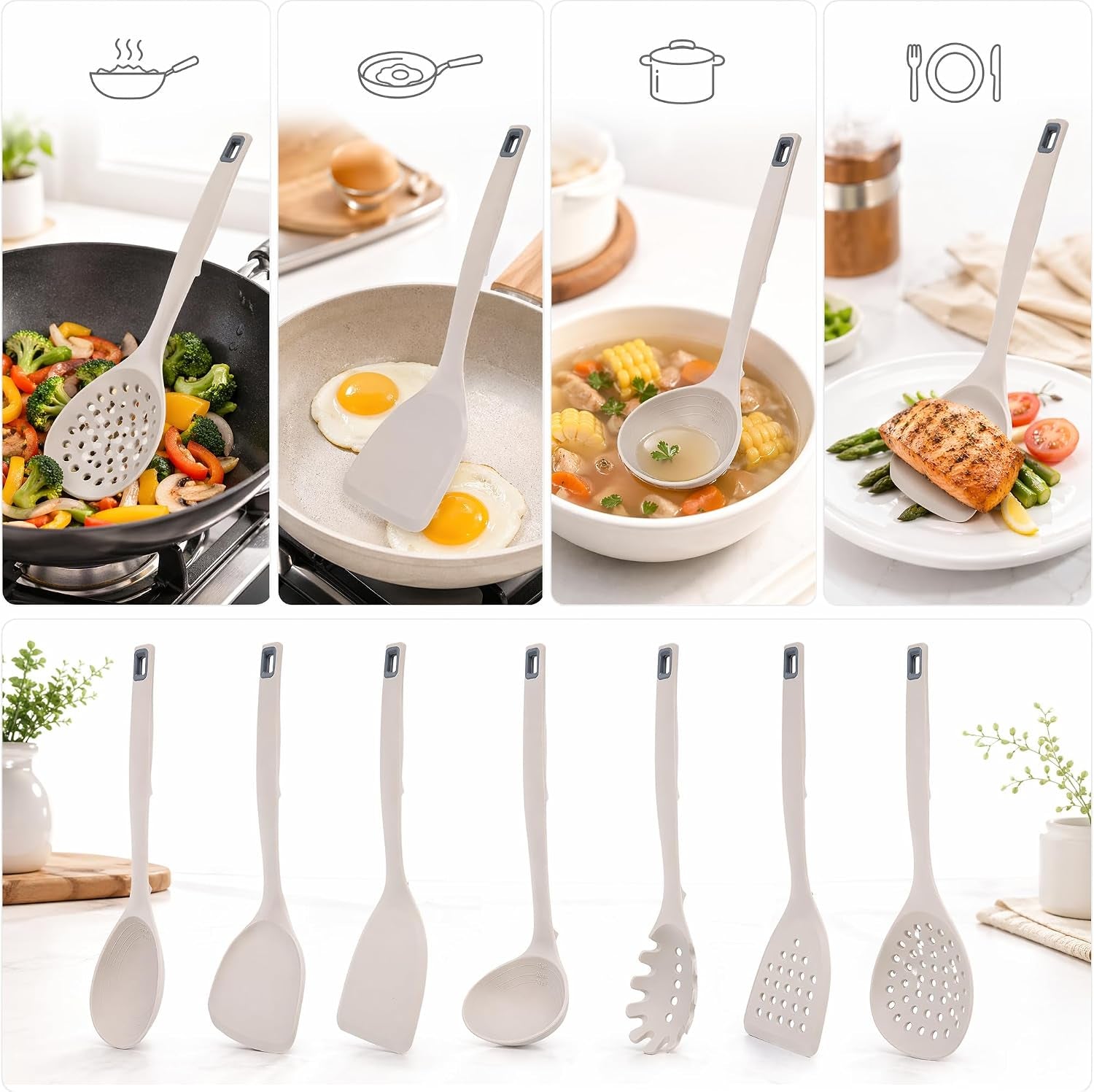 7-piece-khaki-silicone-cooking-utensils-set-food-grade-bpa-free-446-f-heat-resistant-one-piece-silicone-ladle-spatula-and-slotted-spoon-hand-wash-only