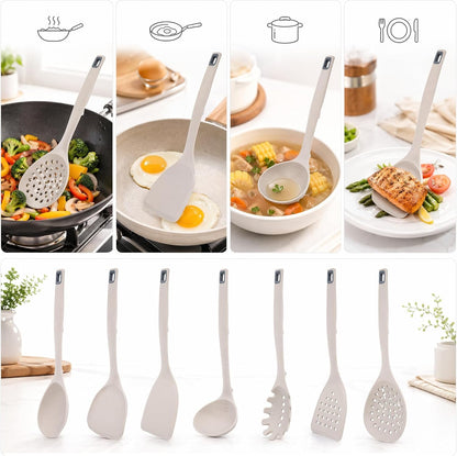 7-Piece Khaki Silicone Cooking Utensils Set - Food Grade Bpa-Free, 446°F Heat Resistant, One-Piece Silicone Ladle, Spatula and Slotted Spoon, Hand Wash Only5