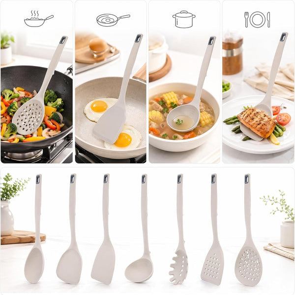 7-Piece Khaki Silicone Cooking Utensils Set - Food Grade Bpa-Free, 446°F Heat Resistant, One-Piece Silicone Ladle, Spatula and Slotted Spoon, Hand Wash Only5