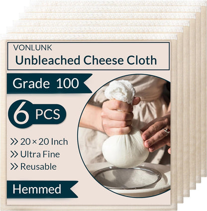 6-Pack Beige Cheesecloth, 20X20 Inch Hemmed Cheese Cloth for Straining, Reusable Unbleached Cotton Strainer for Cooking, Baking, Juicing, and Cheese Making (Grade 100)1