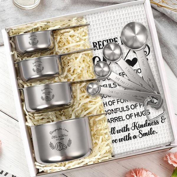 Wedding Gifts for Couples 2026, Bridal Shower Gifts for Bride to Be, Engagement Gift for Newlyweds, Bride Gift, Mr and Mrs Measuring Cups and Spoons Set with Dish Towel1