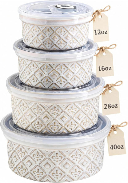 Airtight Food Storage Containers with Lids Mixing Bowls Set, Ceramic Serving Bowls with Lids Set of 4, 12/16/28/40 Oz Stackable Nesting Salad Bowls for Cooking, Baking, Ramen - Beige1