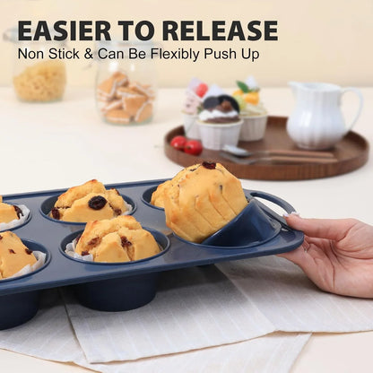Jumbo Silicone Muffin Pan with Frame, Non Stick Large Cupcake Baking Tin | Silicone Cupcake Pan with Handles 6 Cup, BPA Free Silicon Muffin Tin Tray Extra Large for Baking Egg Bites Mold  Grey7