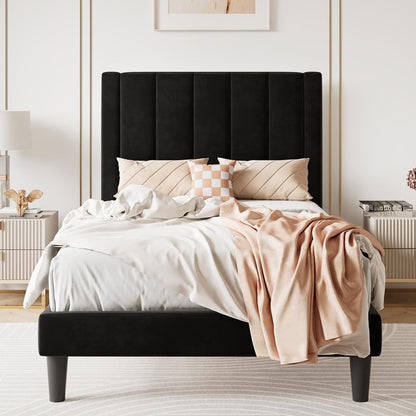 Twin Bed Frame/Velvet Upholstered Platform Bed Frame with Headboard/Strong Wood Slats Support/Mattress Foundation/No Box Spring Needed - Black1